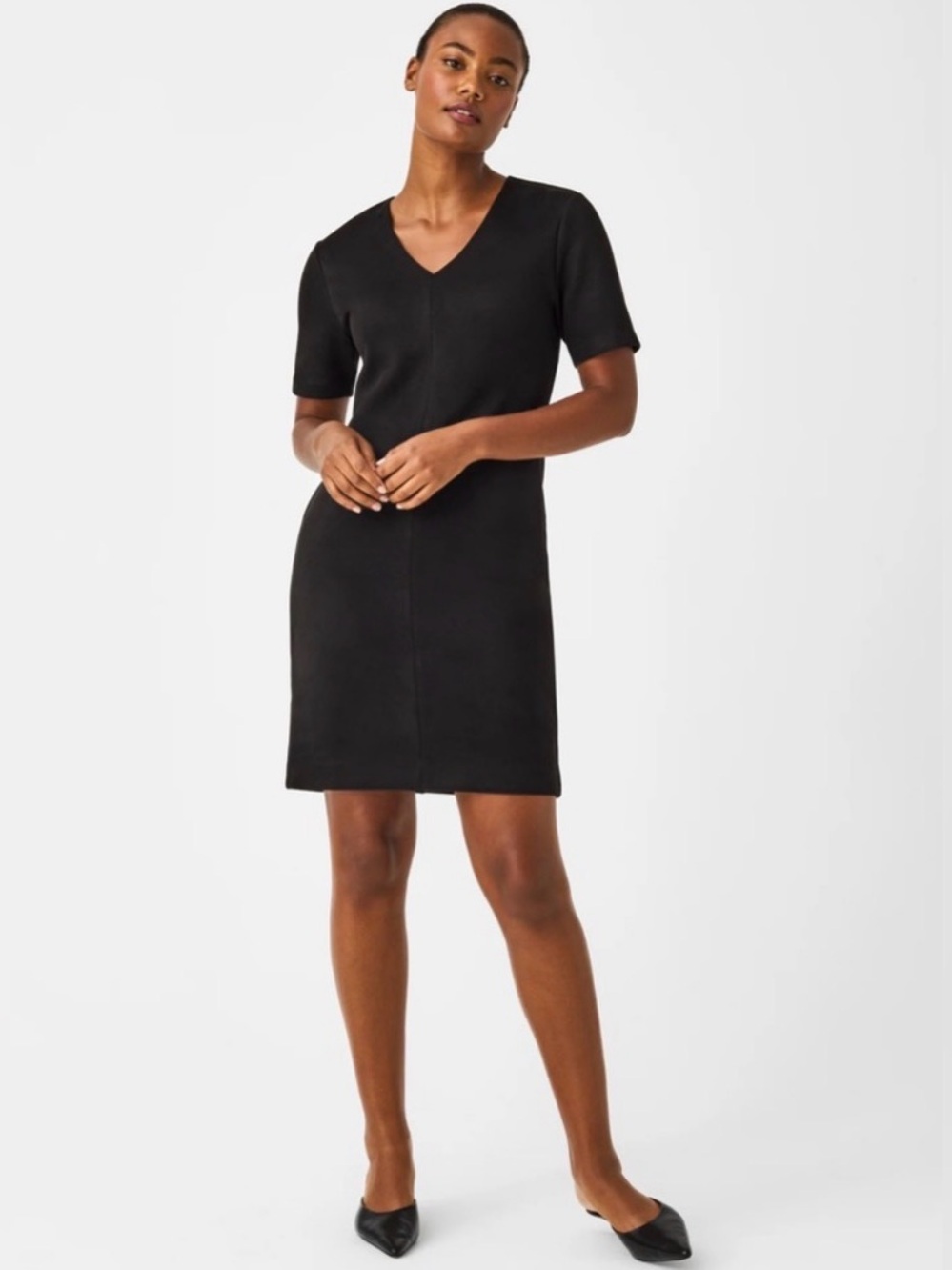 Spanx Black Faux Suede Column Mini Dress Short Sleeve V Neck Sz 1X
